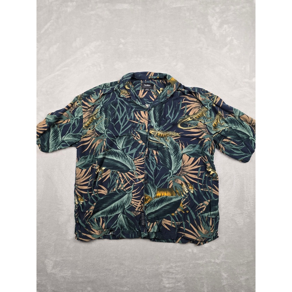 Pull&Bear Hawaiian Shirt Mens Medium Blue Jungle Tropical Monkey Lizard Viscose